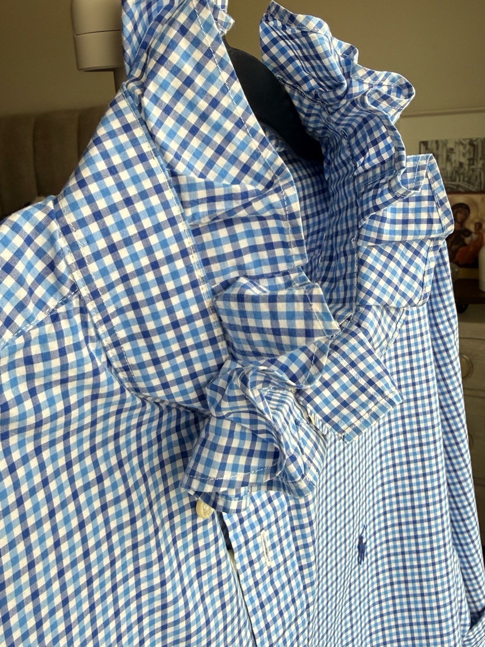 Reloved Upcycle ♻️ Ralph Lauren Blue Gingham Ruffle Collar Blouse Memorial’s Day